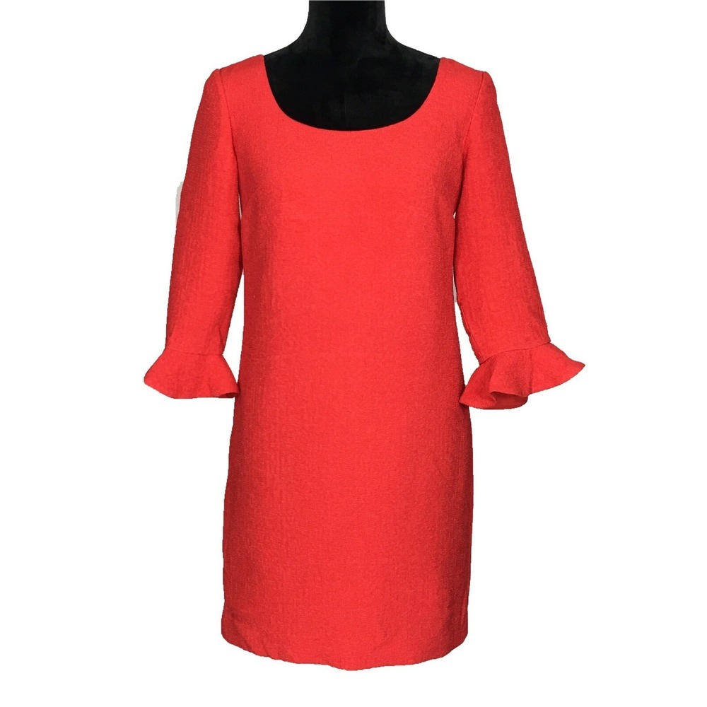 Ann Taylor Dress 0 XS Red Orange Texture Shift 3/4 Sl Ruffle Cuff Lined Party LN